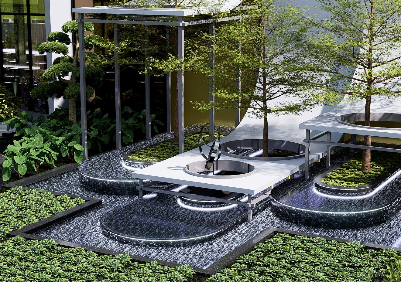 Landscaped waterbody feature with reflecting pools and greenery at the Faridabad luxury banquet project